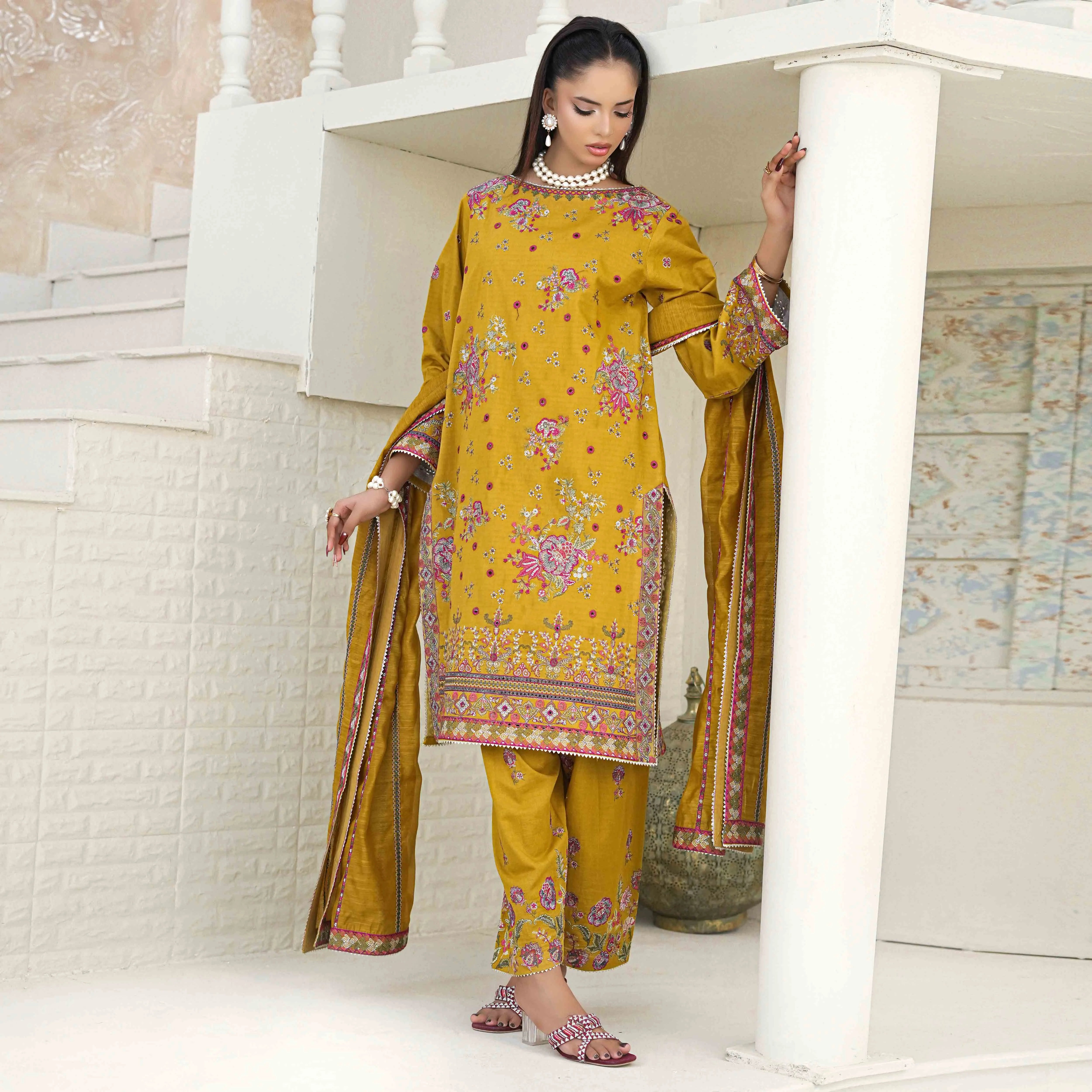 GHAZAL | Mustard Yellow Floral 3-Piece Suit