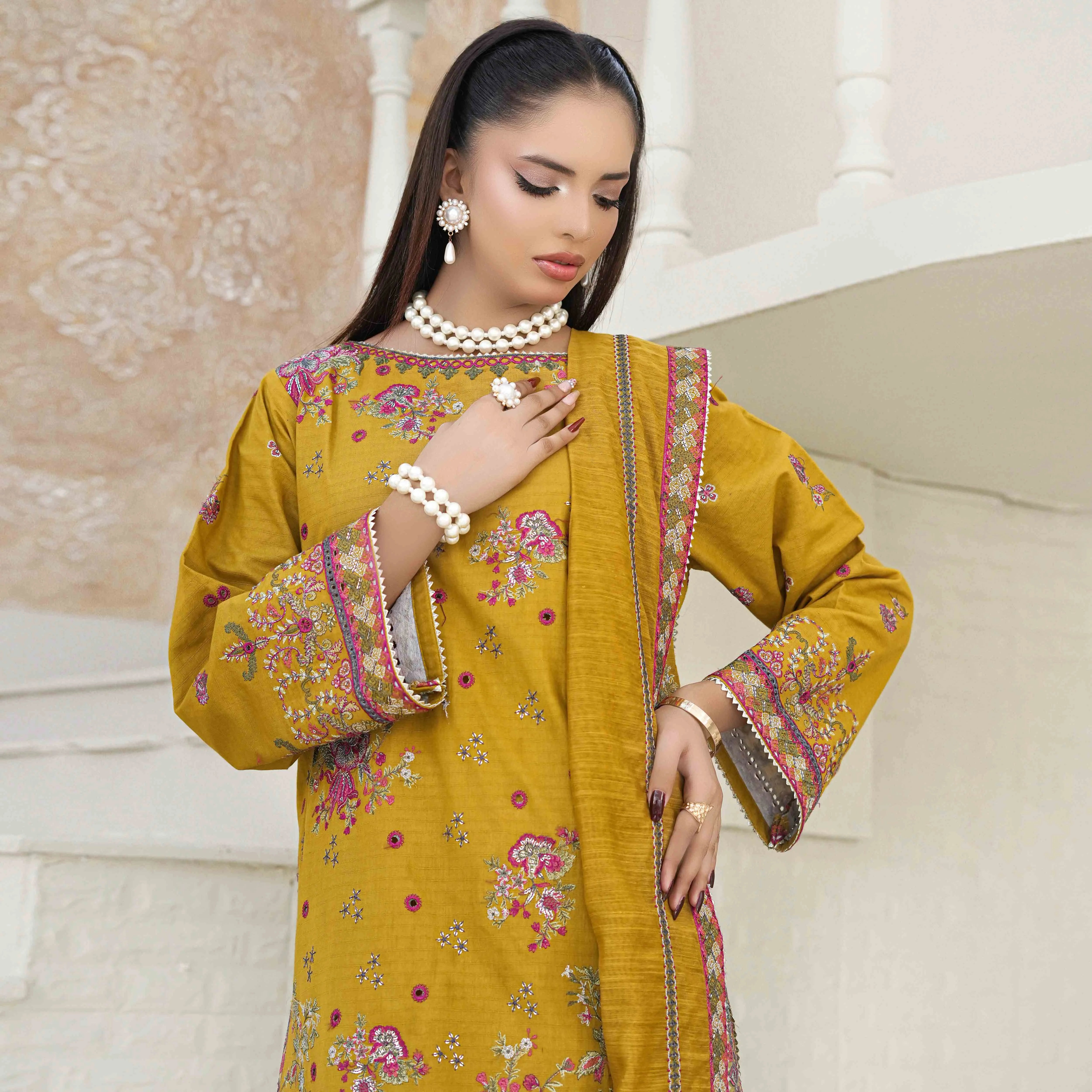 GHAZAL | Mustard Yellow Floral 3-Piece Suit