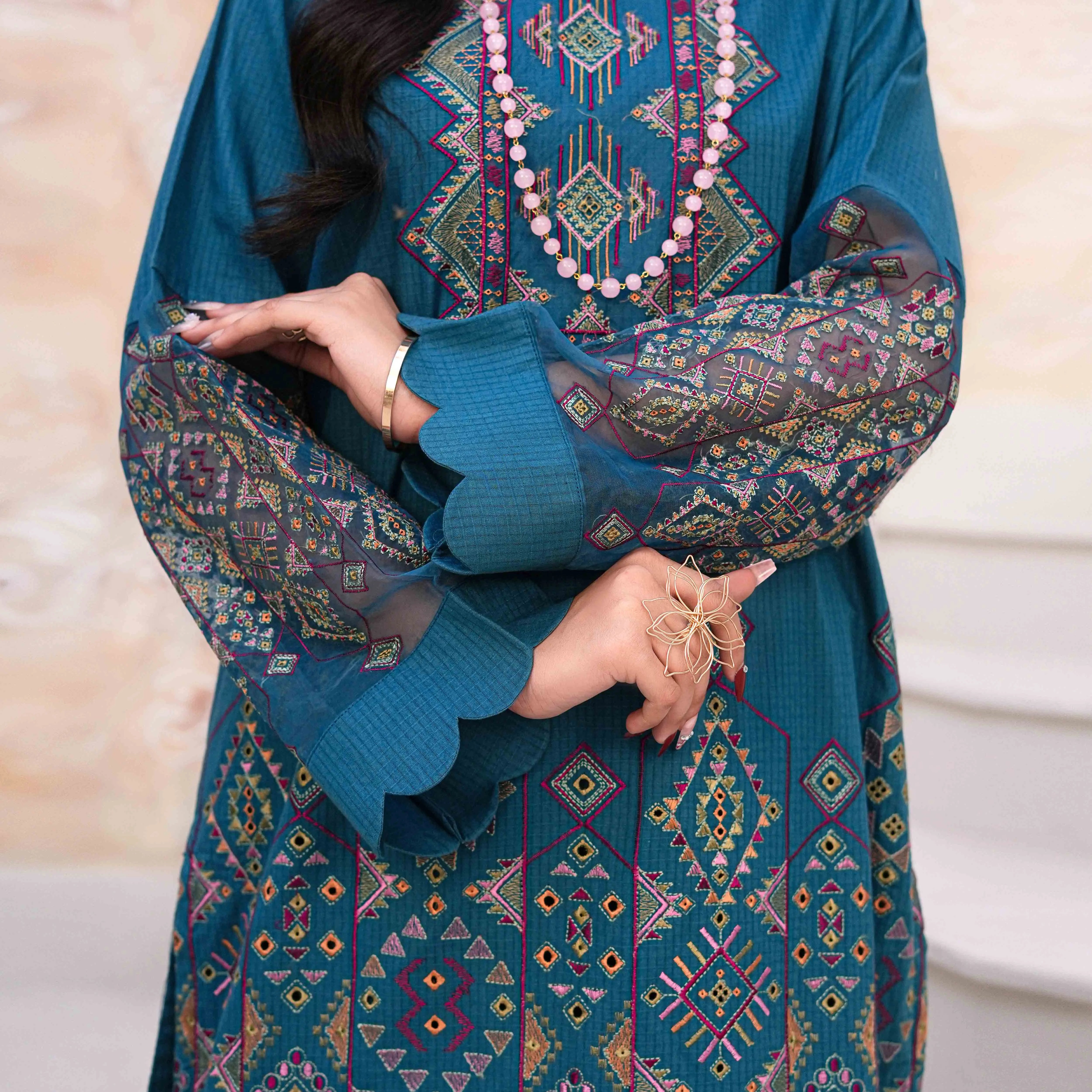 UFAQ | Teal Blue Organza Patch 2-Piece Suit