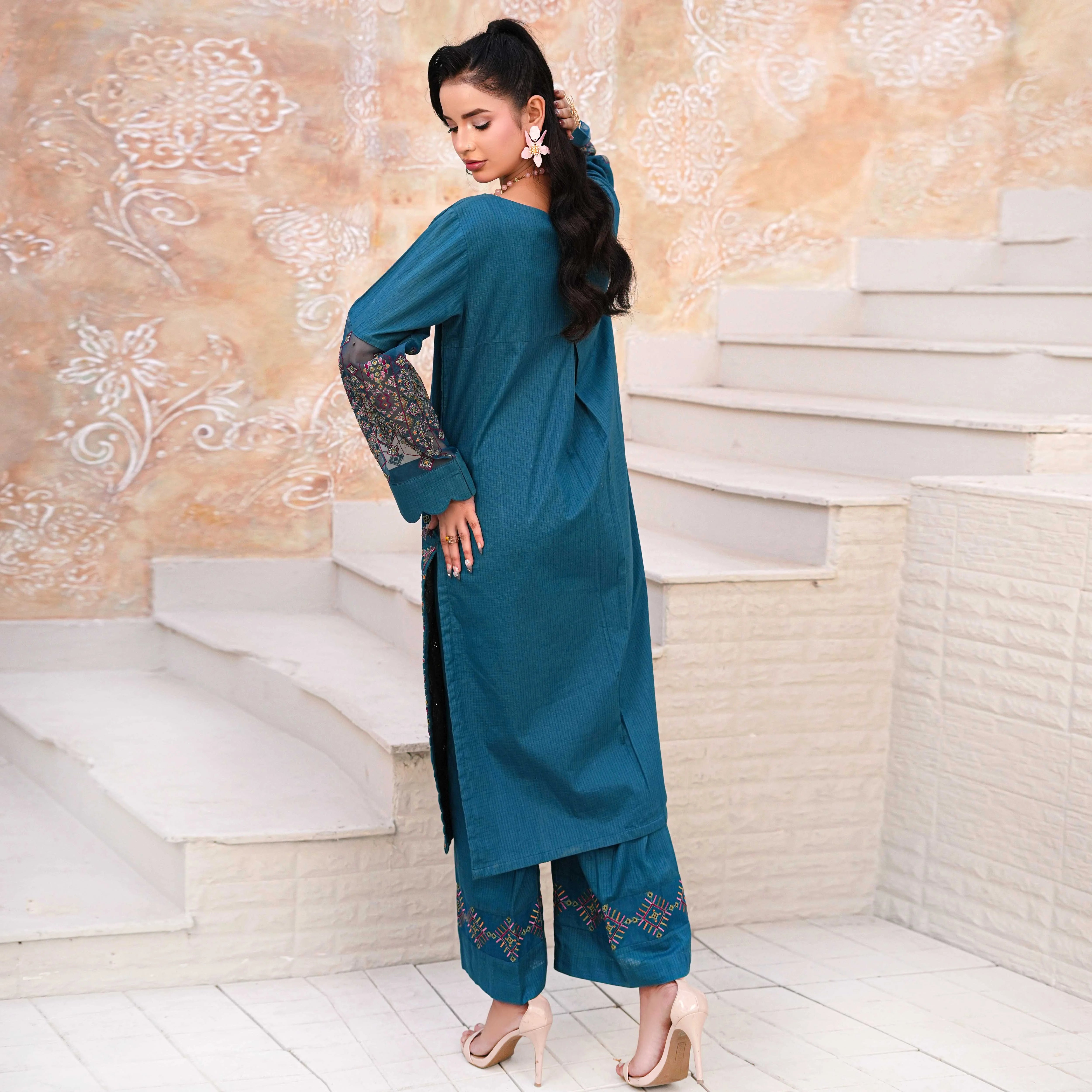 UFAQ | Teal Blue Organza Patch 2-Piece Suit
