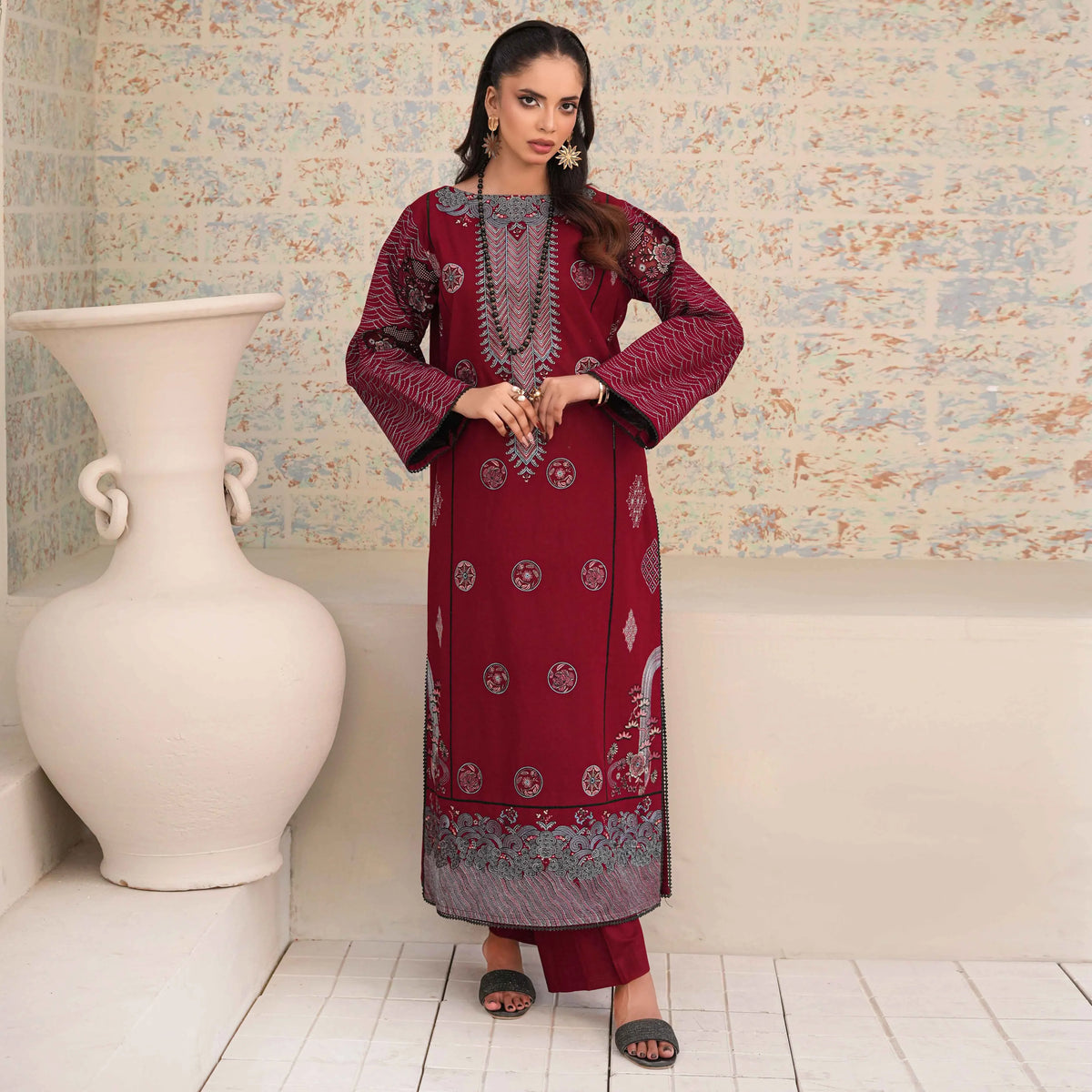 SHAFAQ | Deep Red Long Kurta 2-Piece Suit