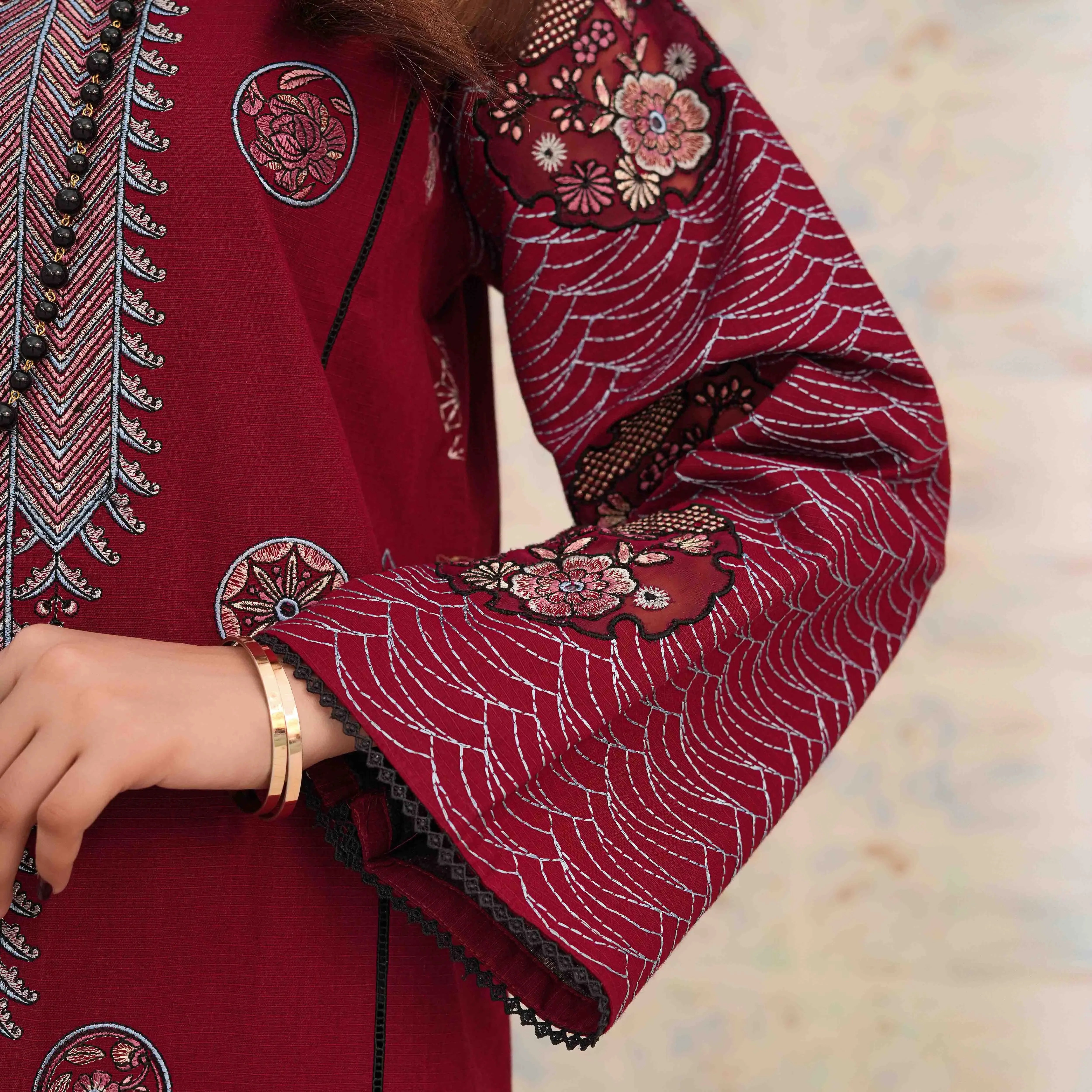 SHAFAQ | Deep Red Long Kurta 2-Piece Suit