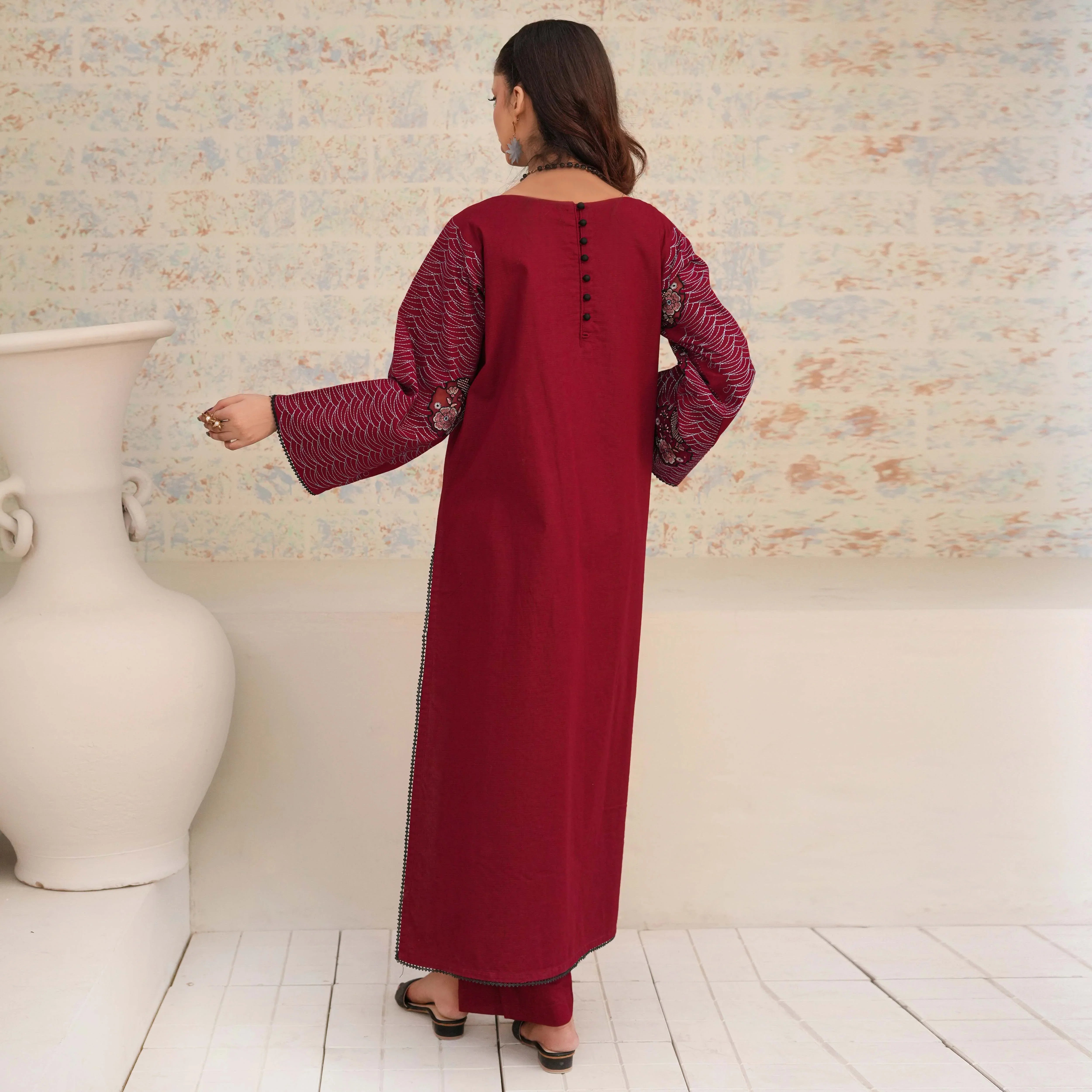 SHAFAQ | Deep Red Long Kurta 2-Piece Suit