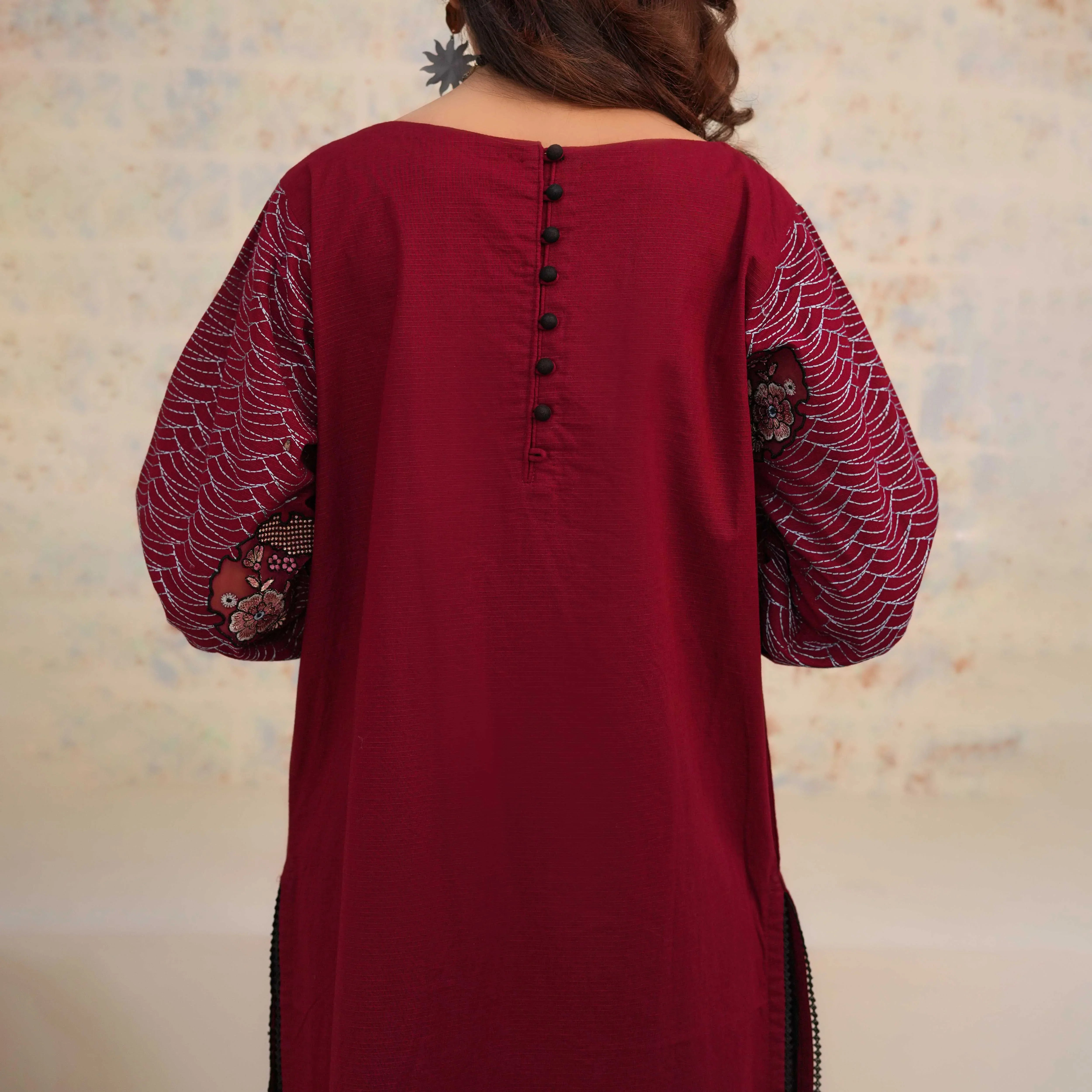 SHAFAQ | Deep Red Long Kurta 2-Piece Suit