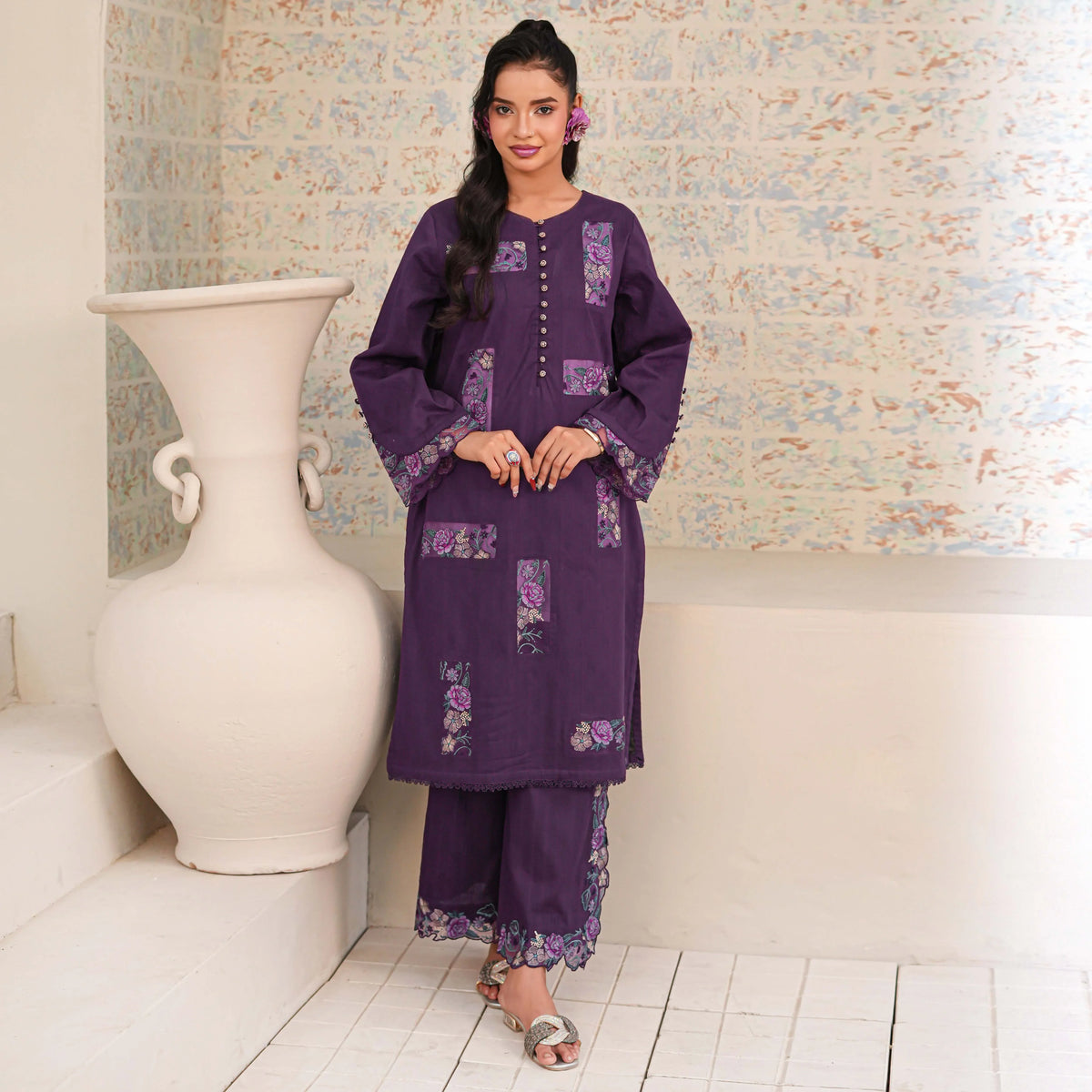 GUL-E-LALA | Purple Floral Patch 2-Piece Suit