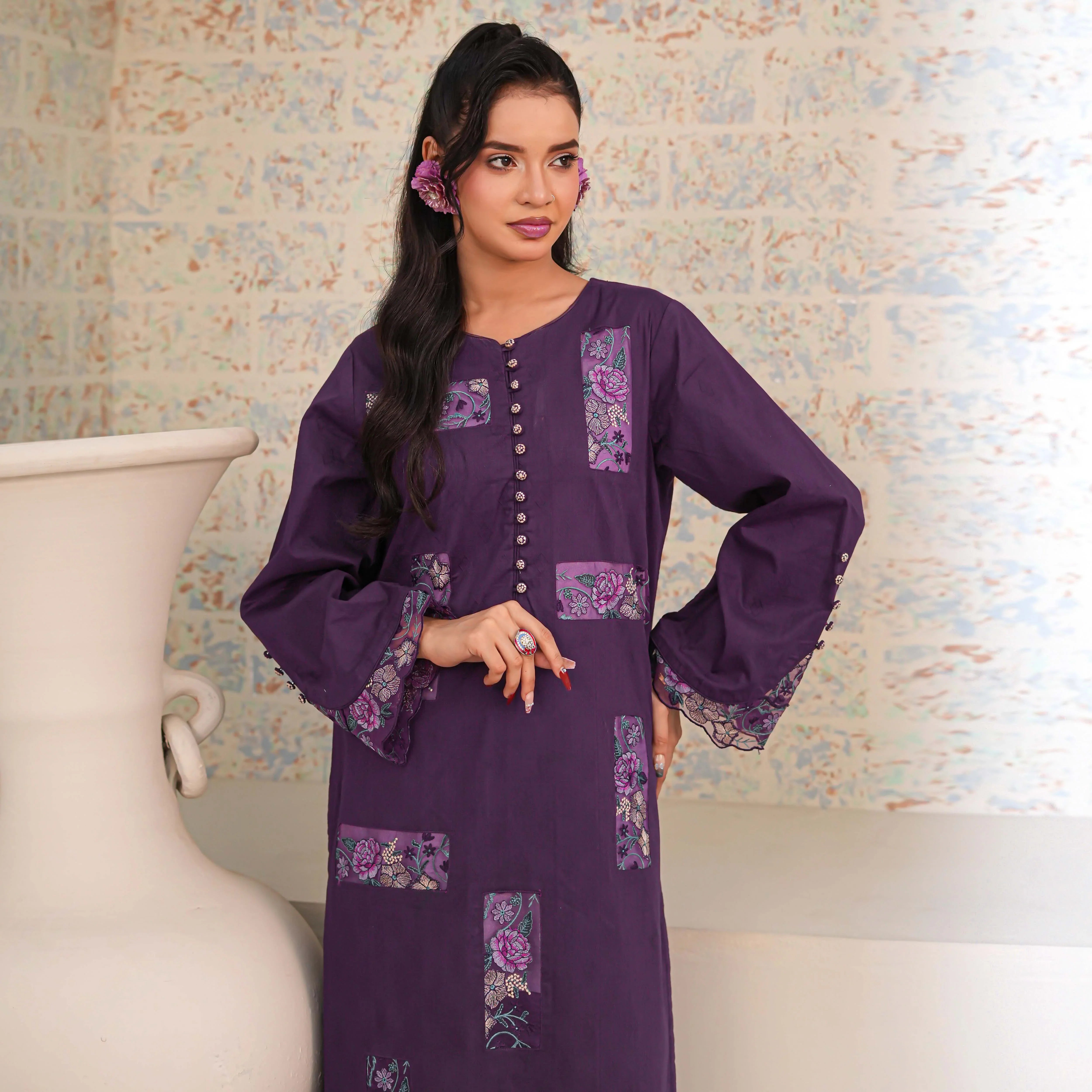 GUL-E-LALA | Purple Floral Patch 2-Piece Suit