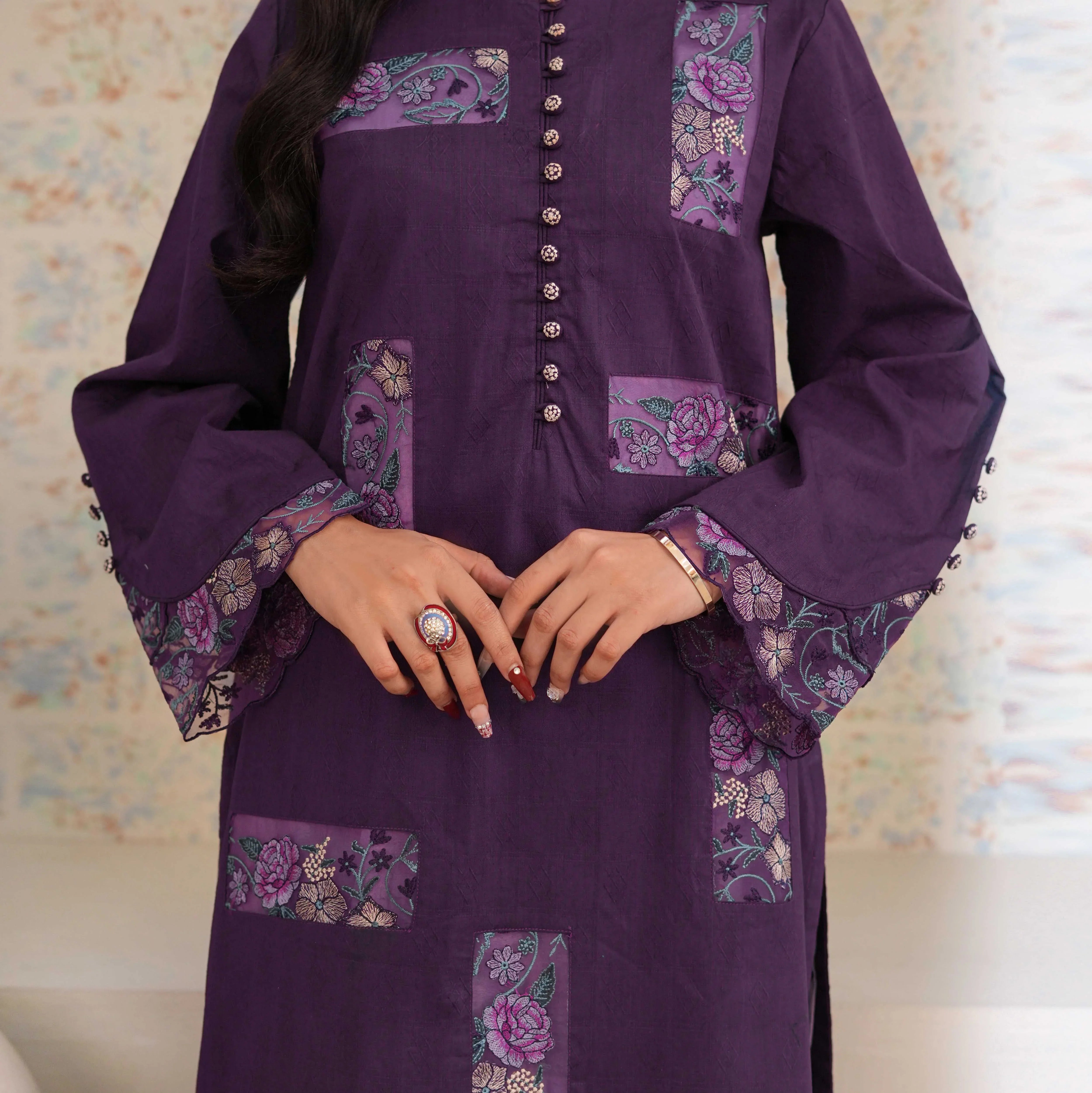 GUL-E-LALA | Purple Floral Patch 2-Piece Suit