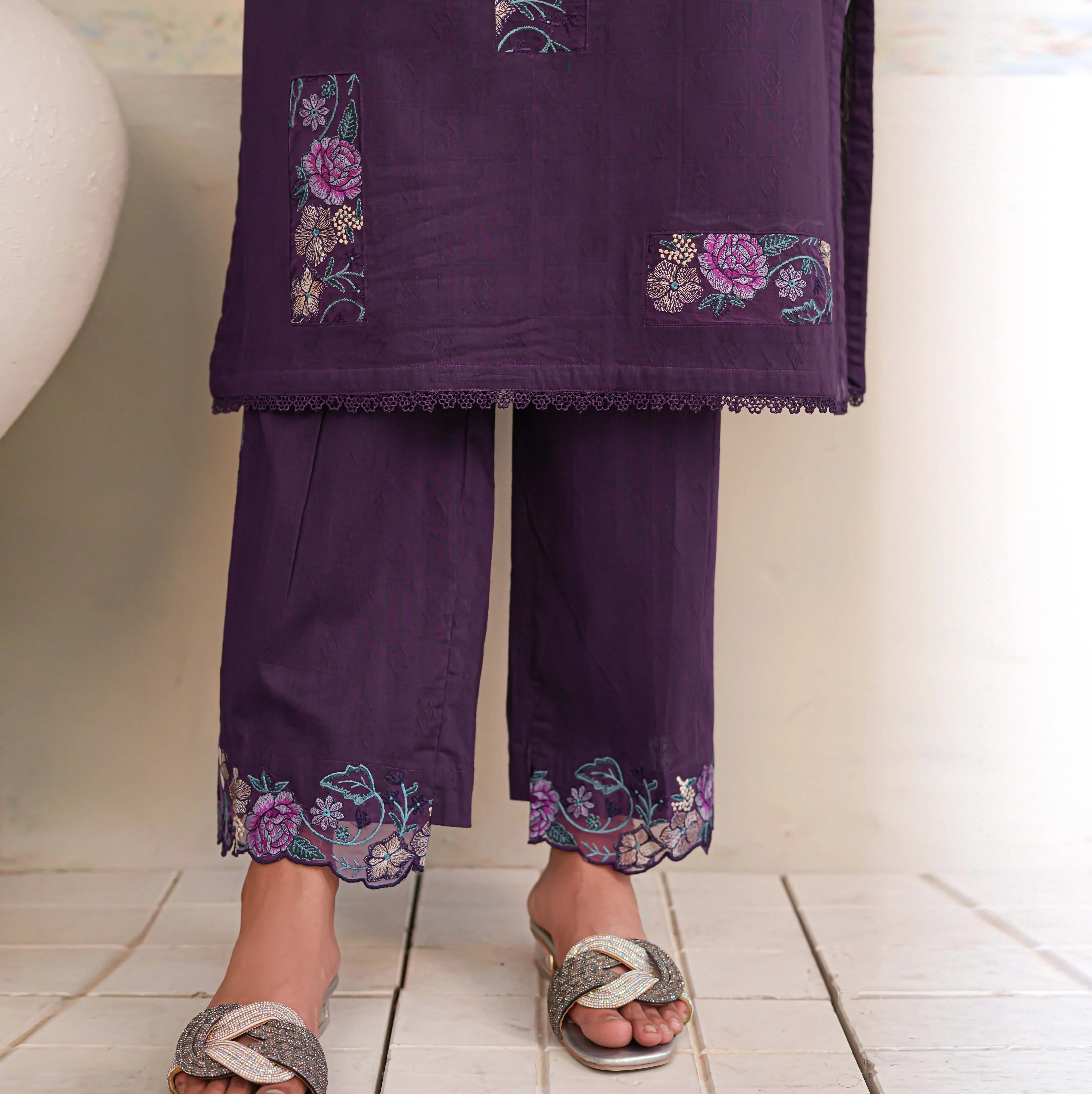 GUL-E-LALA | Purple Floral Patch 2-Piece Suit