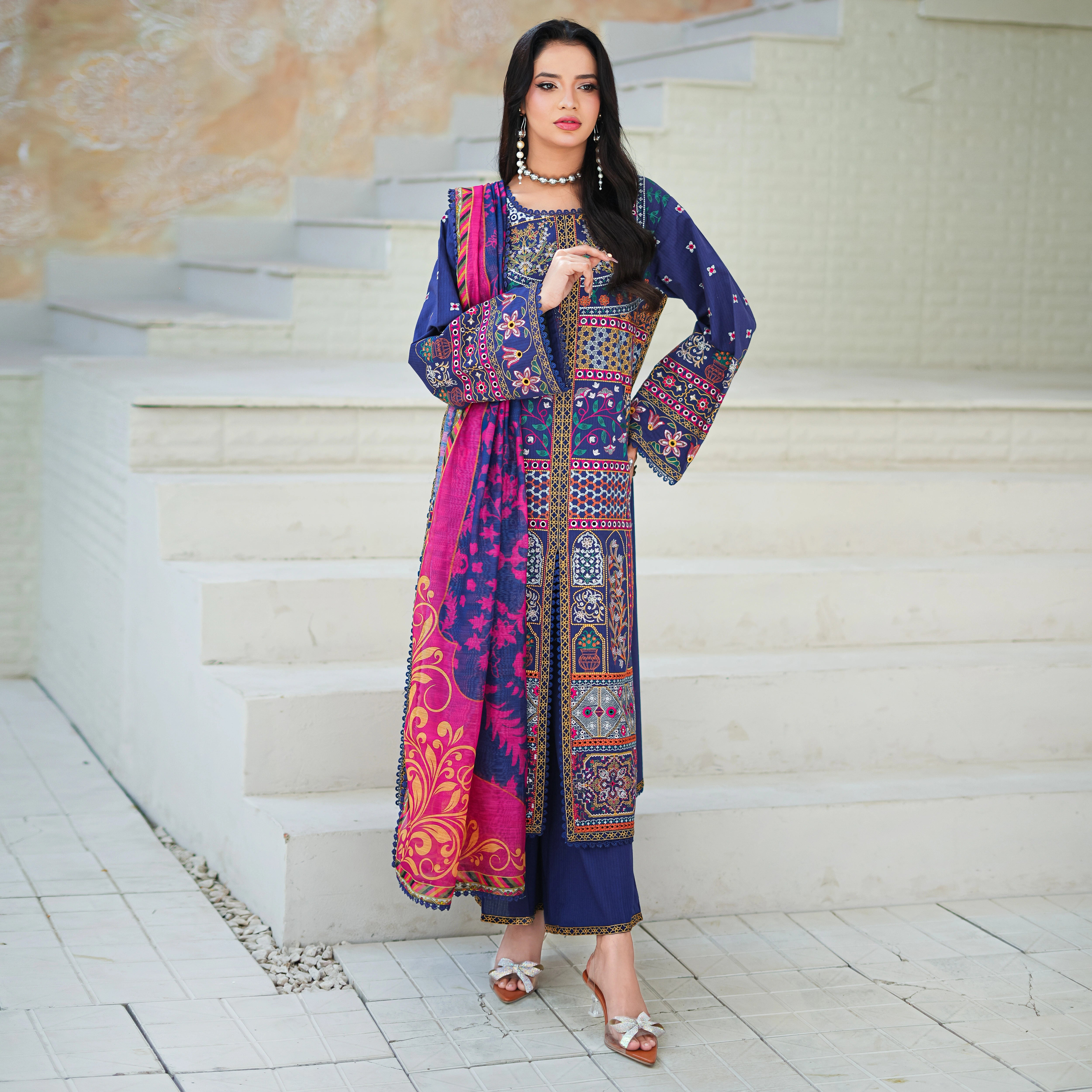 MINA - Navy Blue Geometric 3-Piece Luxury Suit