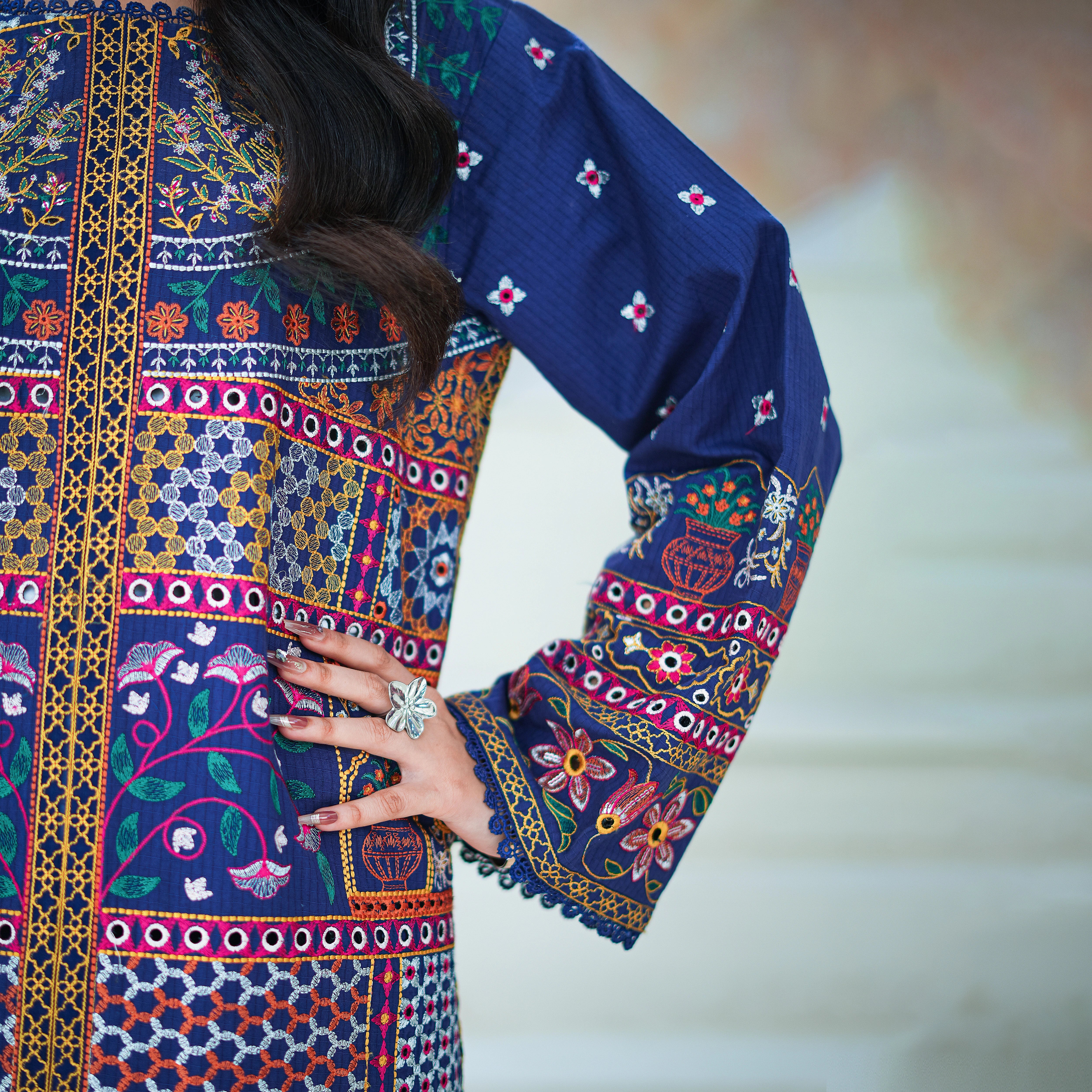 MINA - Navy Blue Geometric 3-Piece Luxury Suit