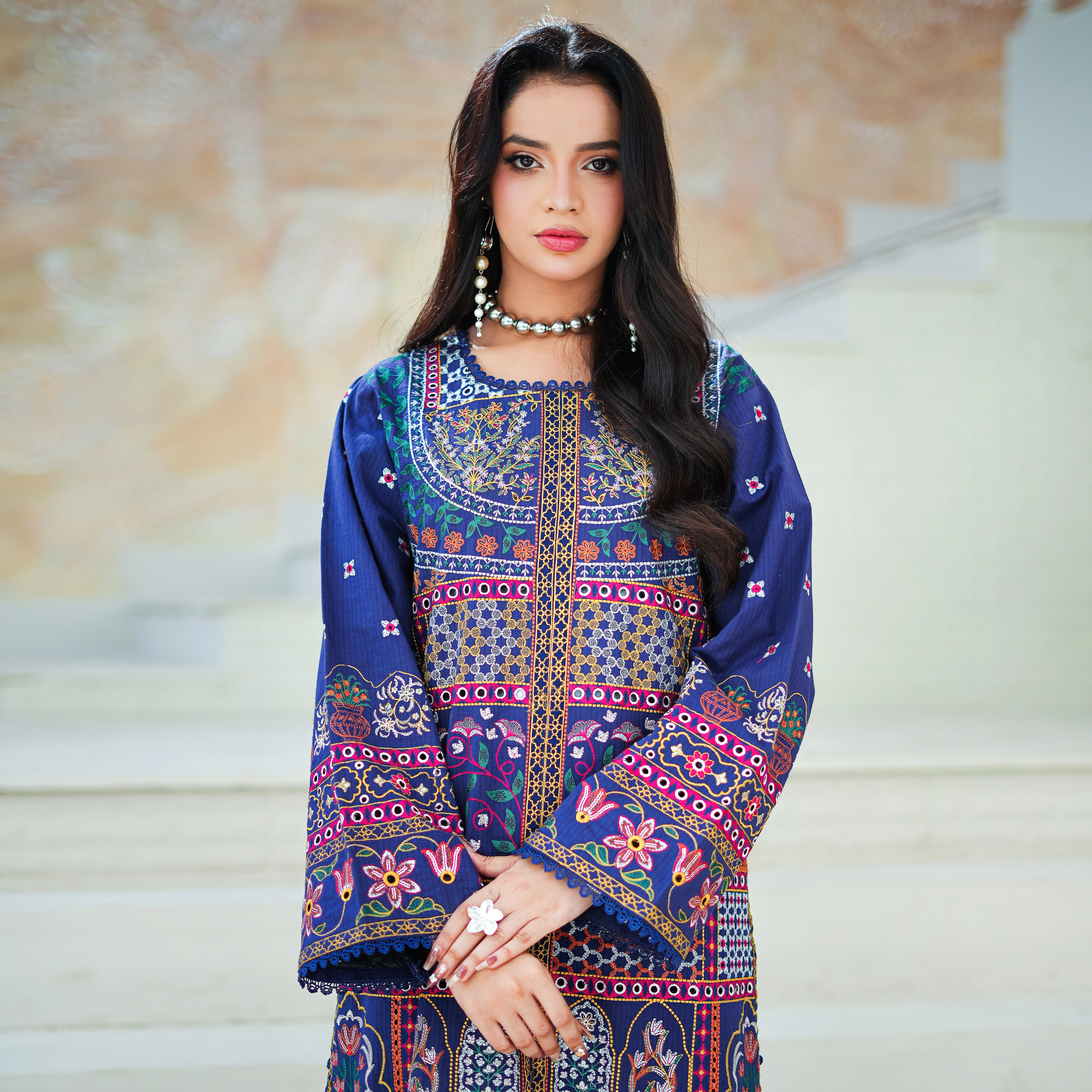 MINA - Navy Blue Geometric 3-Piece Luxury Suit
